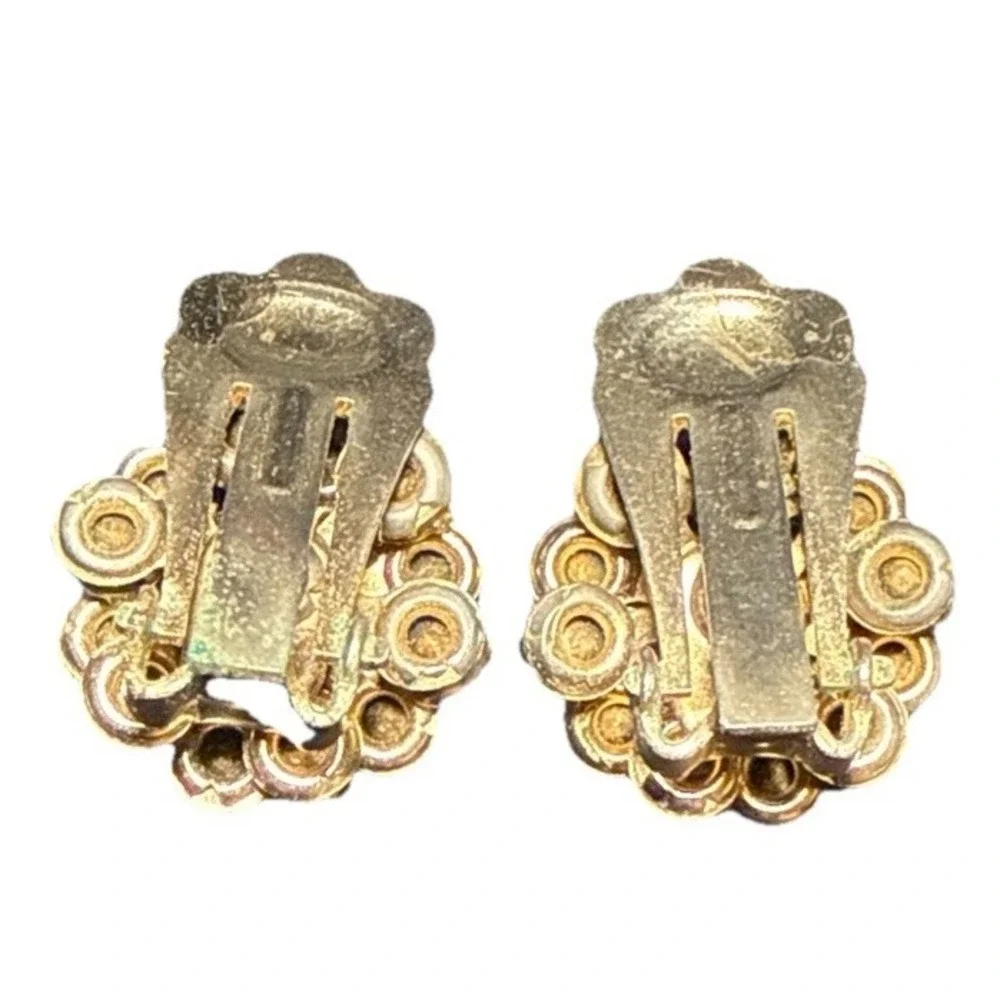 Vintage Pink Cloisonne Floral and Rhinestone Clip On Earrings J15-2